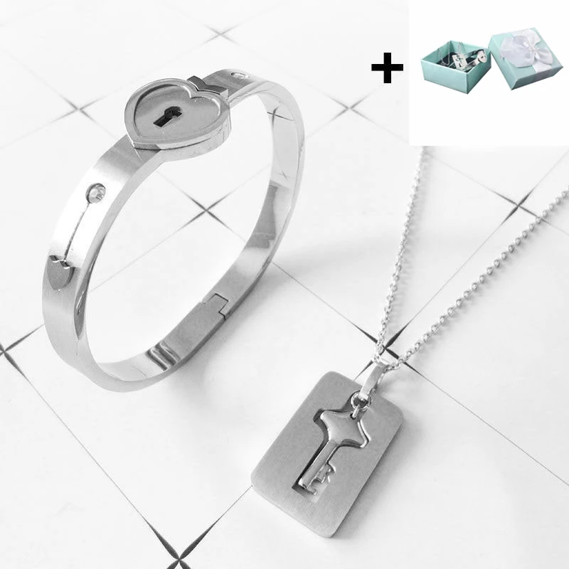 A Couple Lovers Jewelry Love Heart Lock Bracelet Stainless Steel Bracelets  Bangles Key Pendant Necklace Jewelry With Gift Box