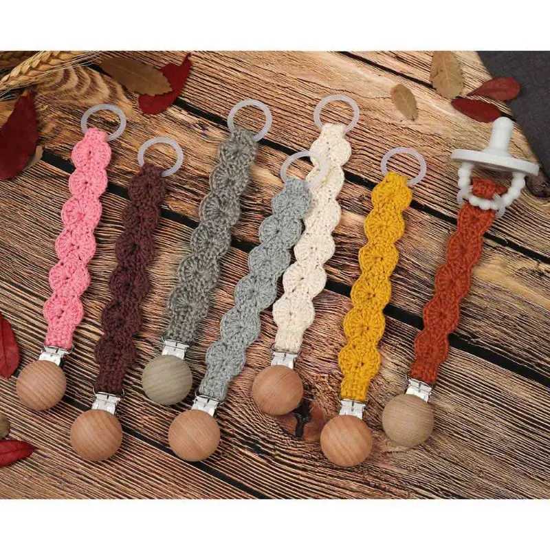 1X  Wooden Baby Pacifier Clip Handmade Braided Leather Chain Baby Feeding Clip