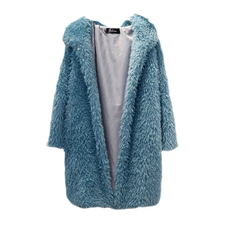 Синее кудрявое длинное мохнатое пальто из искусственной овечьей шерсти, меховое пальто, зимнее женское меховое пальто с капюшоном, свободная длинная верхняя одежда, подкладка плюс хлопок