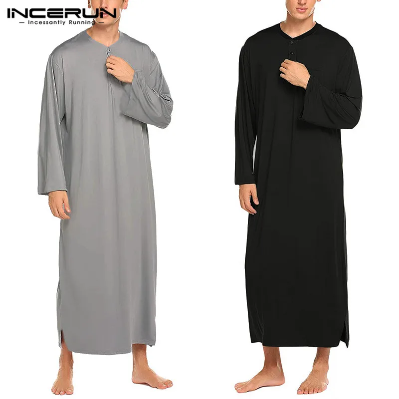 INCERUN, модный мужской однотонный пуловер с круглым воротником и длинными рукавами, платье для сна, повседневная домашняя Удобная мешковатая Мужская пижама, Халат