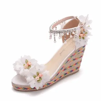 

Bead Summer Sexy Party Ankle Strap Stiletto Wedges High Heel Women Sandal Korean Style Gladiator Wedding Shoes Big Size B0021