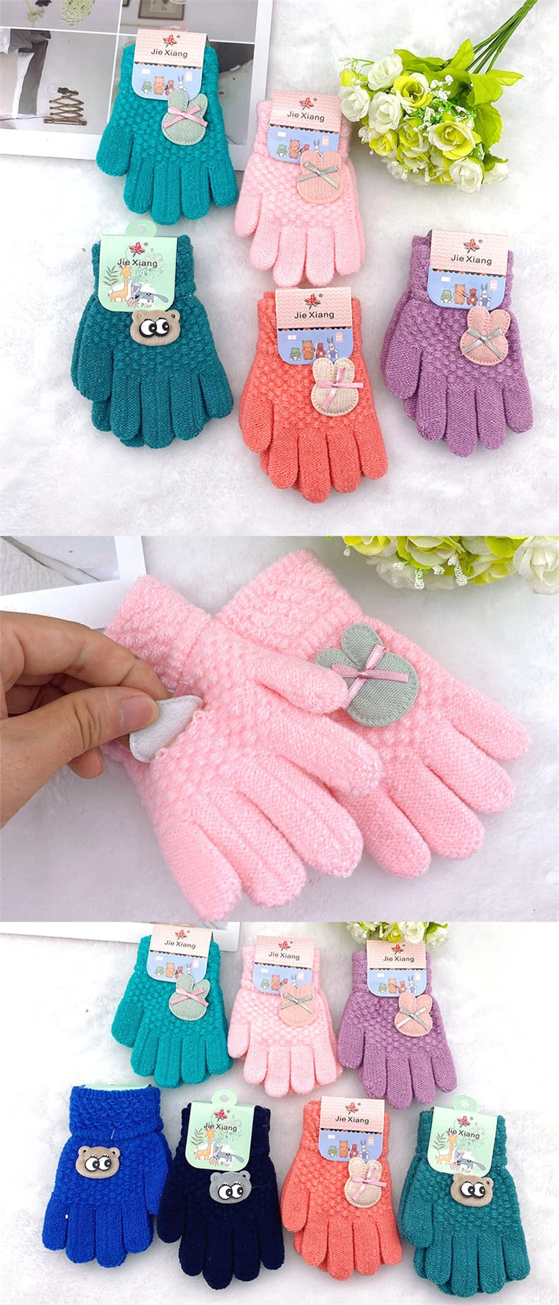 3-8 Years Kids Gloves Cartoon Bear Boys Girls Glove Winter Knitted Mitten Warm Thicken Mittens Velvet Thick Keep Finger Warm baby essential 