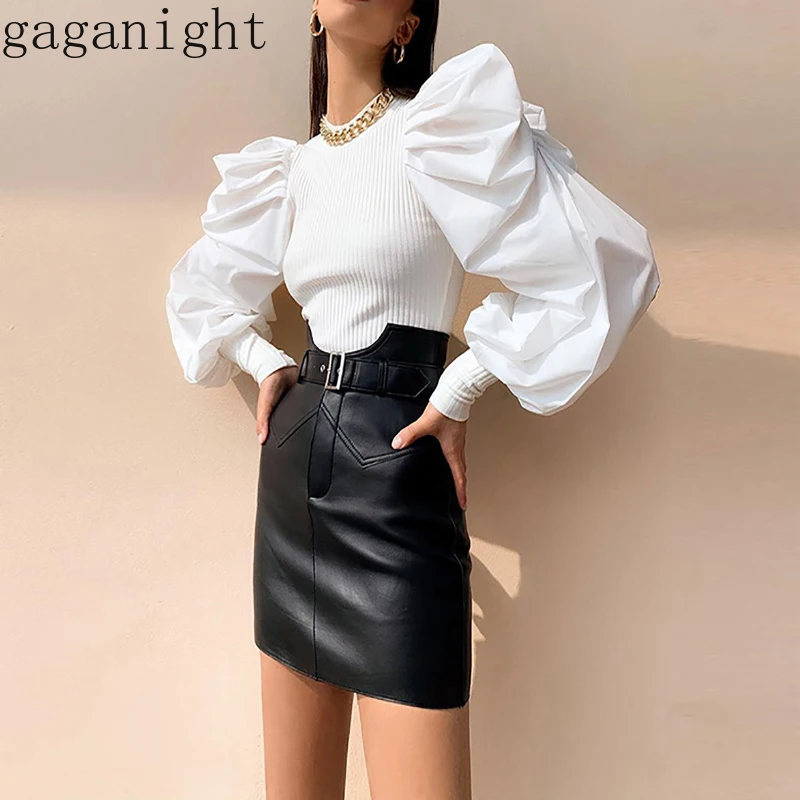 Gaganight элегантная женская футболка с длинным рукавом и круглым вырезом, однотонная тонкая Лоскутная футболка, Офисная Женская Винтажная футболка, весна-осень