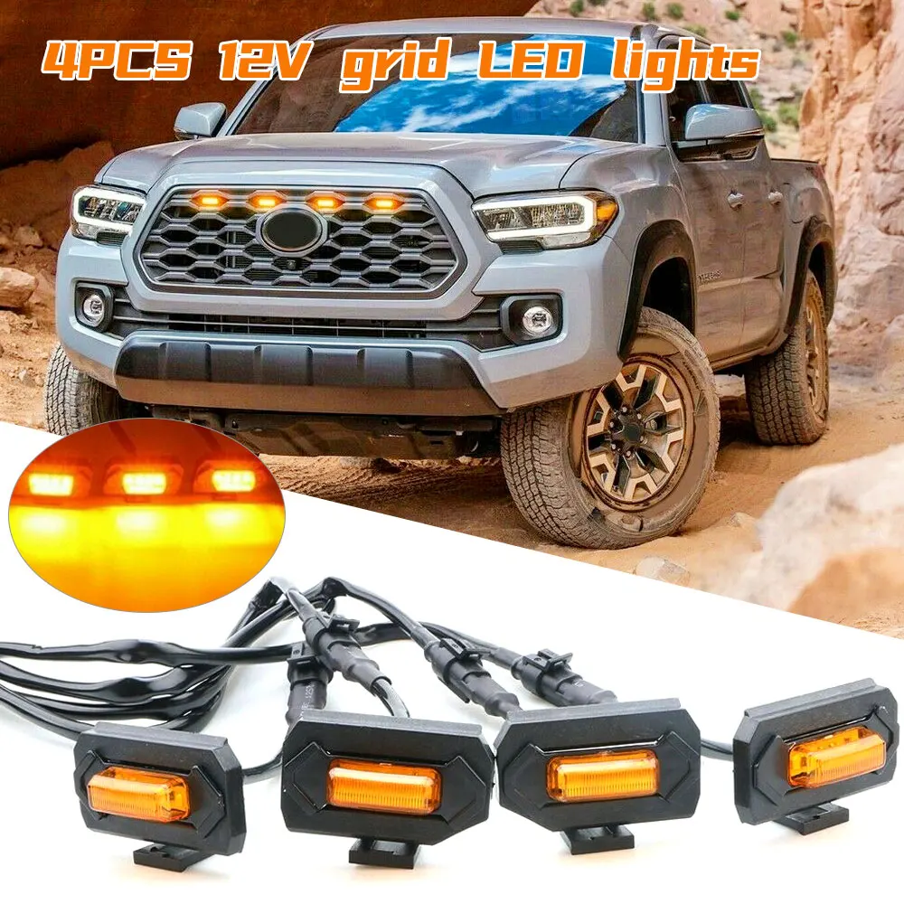 

4pcs LED Raptor Style Amber Front Grille LED Lights Headlight 12V For 2020-Up Toyota Tacoma TRD Pro Harness Cable