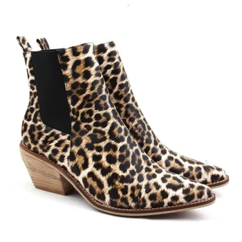 

Womens Pointed Toe Chelsea Ankle Boots Leopard&Snake python Pattern Chunky Heel Real Leather Shoes Plus Size 3Colors New