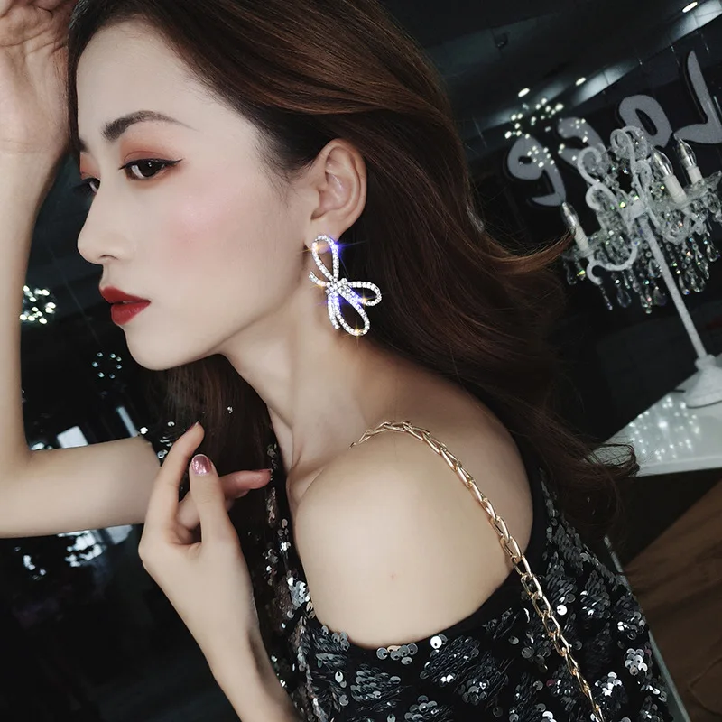 925 silver color needle full zircon big bow earrings female European and American Creativity temperament long | Украшения и