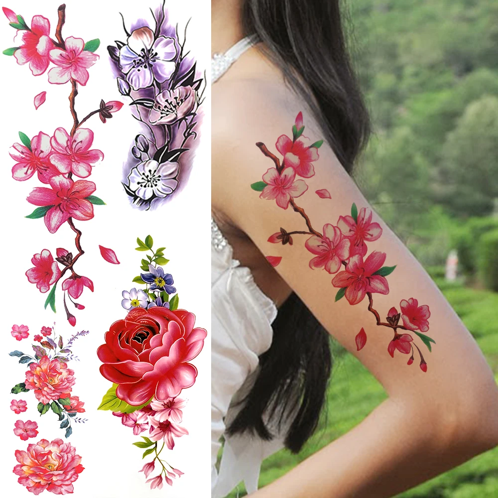 

3D Plum Flower Temporary Tattoos For Women Adults Realistic Lily Rose Peony Dahlia Fake Tattoo Sticker Sexy Arm Large Tatoos