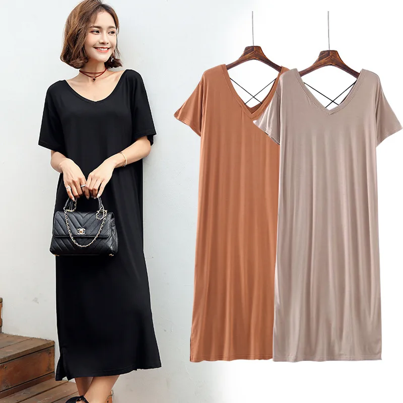 

2020 Modal Dress Loose And Plus-sized Mid-length over Knee Medium-length Short Sleeve Summer Black V-neck Long Skirts Base Skirt