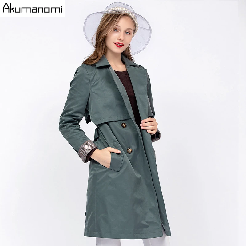

Autumn Spring Trench Plus Size 5xl-l Green Casual Turn-down Collar Long Sleeve Sashes Women's Coat Pocket Double Breasted Tops