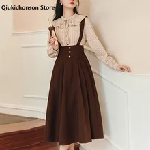 

Spring Autumn Two Piece Set Women Japanese Style Long Sleeve Ruffle Plaid Shirt And High Waist Long Pleated Suspender Skirt Sets