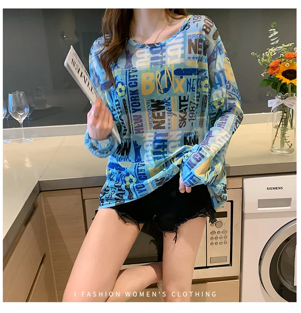 Disney 2021 Summer Famous Anime Mickey Mouse Brand Mesh Shirt Women Sun Protection Transparent Long Sleeve Blouse Ladies T-shirt 3756 Water blue