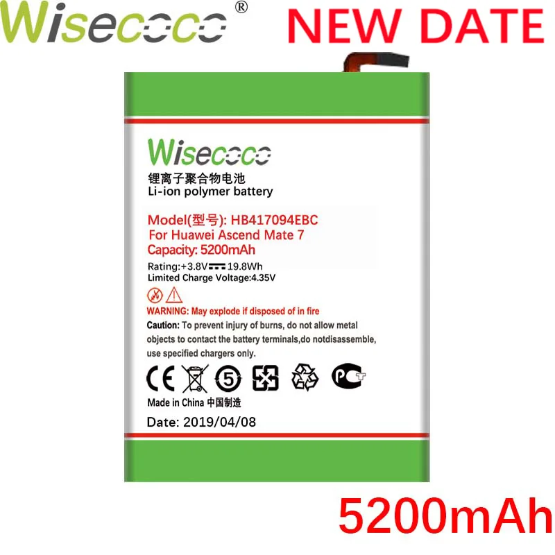 

Wisecoco HB417094EBC 5200mAh New High quality Battery For Huawei Ascend Mate 7 Mate7 MT7 TL00 TL10 UL00 CL00 Phone Replacement