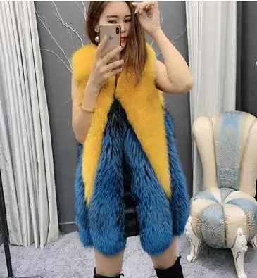 Orange and blue Зимняя женская жилетка контрастного цвета из натурального Лисьего меха, роскошная женская модная теплая Толстая Шуба из натурального Лисьего меха - Цвет: Orange and blue