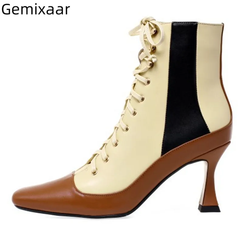 

Boots Women Elegant Suqare Toe Cross Lace Up Mix Color Party Bottes Strange High Heel Comfy Genuine Leather Fashion Boots WomanA