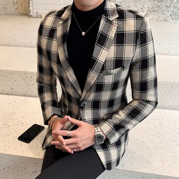 

Autumn Cheap Clothes Business Mens Slim Fit Blazers 3XL Mens Plaid Blazers Khaki Social Jackets Blazers Mens Office Dress Check