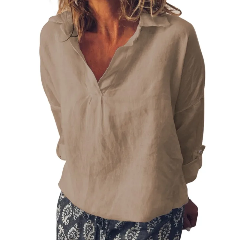 

Women Blouse Shirt 2019 Female Long Sleeve V Neck Blusas Cotton Linen Casual Solid Ladies Blouses Tops Women Clothing