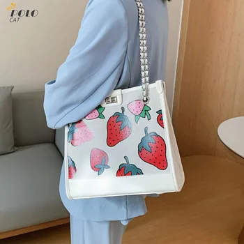 

2020 New Fashion Women's Soft Faux Leather Tote Shoulder Bag Big Capacity Sweet Strawberry Pattern Travel Handbag Shopping Bags