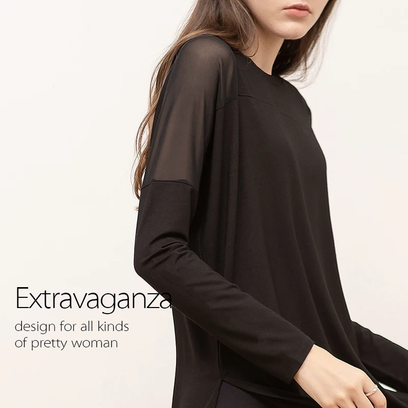 Autumn and Winter top WOMEN'S Dress Gauze Joint Perspective Elegant Long Sleeve Crew Neck Large Size Loose T-shirt woman tshirts