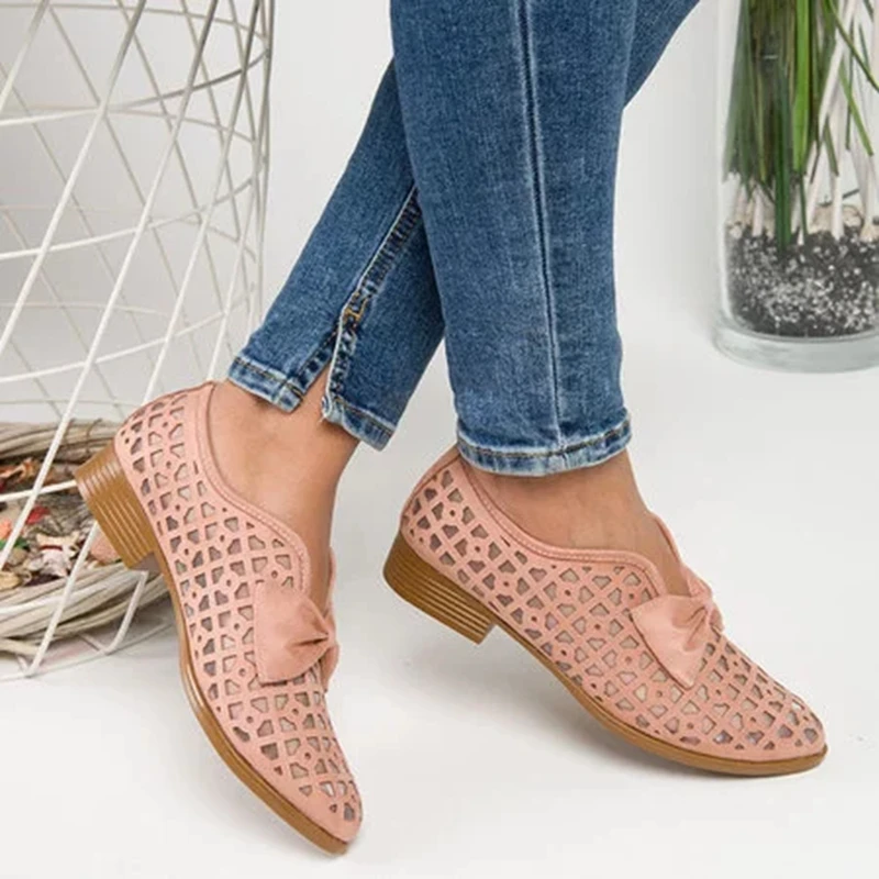 

2020 New Women Bowtie Pointed Toe Med heel Shoes Platform Slip On Loafers Leather Hollowed out shoes Zapatos De Mujer 138