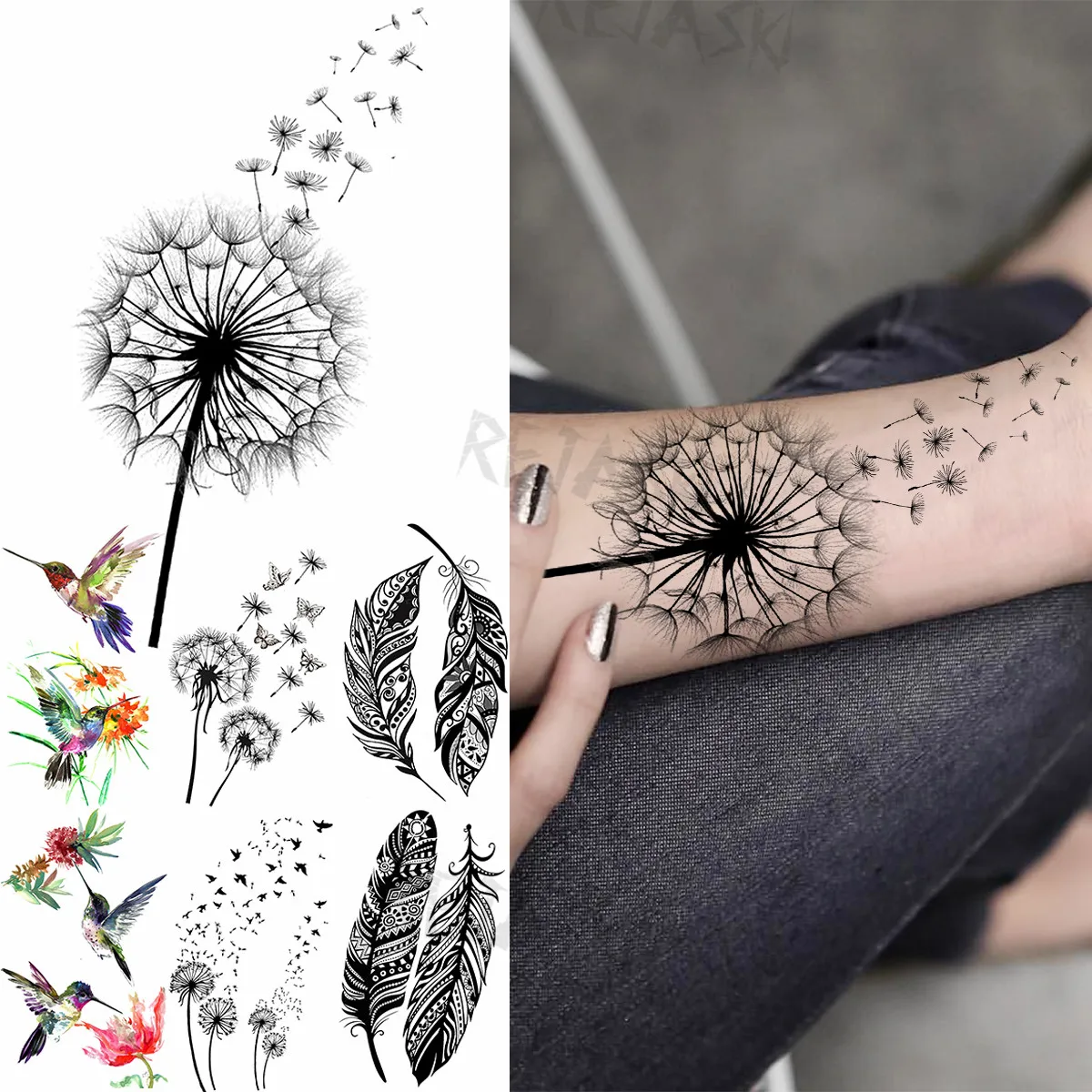 Tatouage Pissenlit Qui S Envole Tatouages Temporaires de Pissenlit Noir pour Femmes et Bol, Plumes de  Colibri, Faux Tatouage Réaliste, Autocollant de Poignet, Mode, hypothécaire  oo Lavable - AliExpress Beauté & Santé