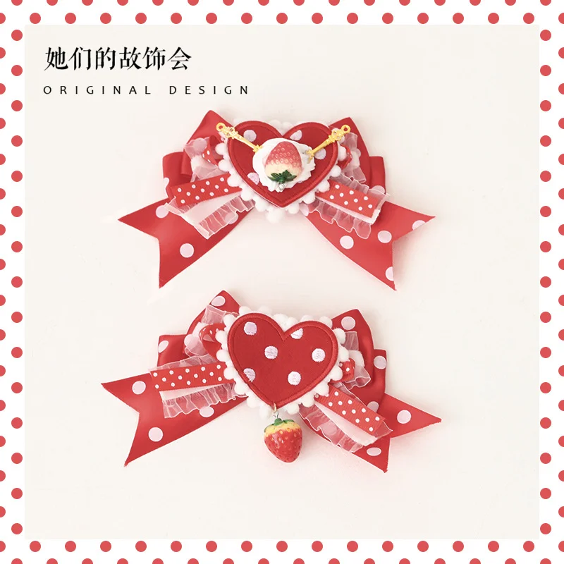 

Lolita Headdress Dotted Red Handmade Bowknot Original Design Picking Strawberry Girl's Hair Hoop Lolita Hair Accessories