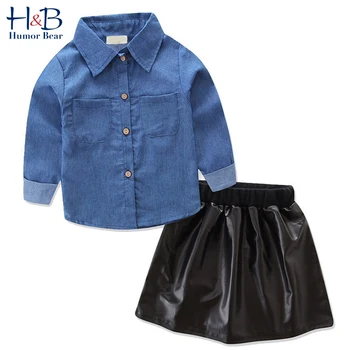 

Humor Bear Girl Clothing Sets 2020 Apring Autumn Long Sleeve Denim Shirt Top +PU Leather Skirts 2pcs Outfits Toddler for 1-6Y