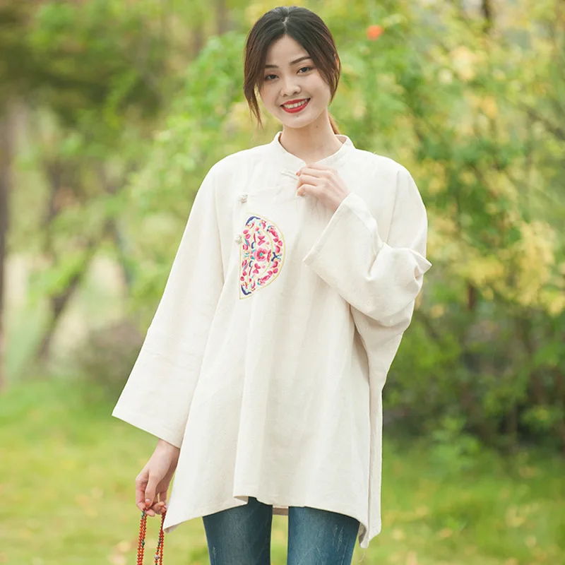 

Cotton Linen Women's Autumn New Tops National Wind Embroidered Clothes National Wind Retro Bat Sleeve Loose Coat