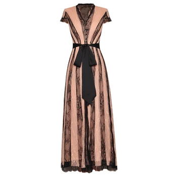 

HIGH QUALITY Newest Fashion 2020 Runway Dress Women's V-Neck Short sleeve Color Block Belted Lace Long Dresss