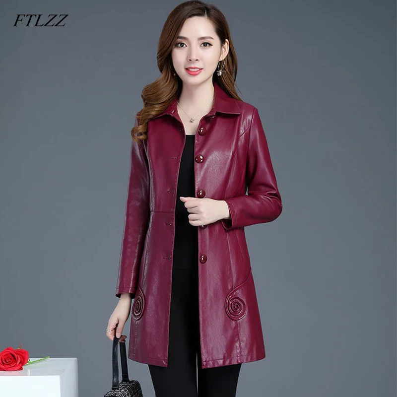 

FTLZZ Plus Size 6XL Pu Leather Jacket Women Slim Patchwork Long Coat Female Leather Motorcycle Jacket Autumn Winter Outerwear