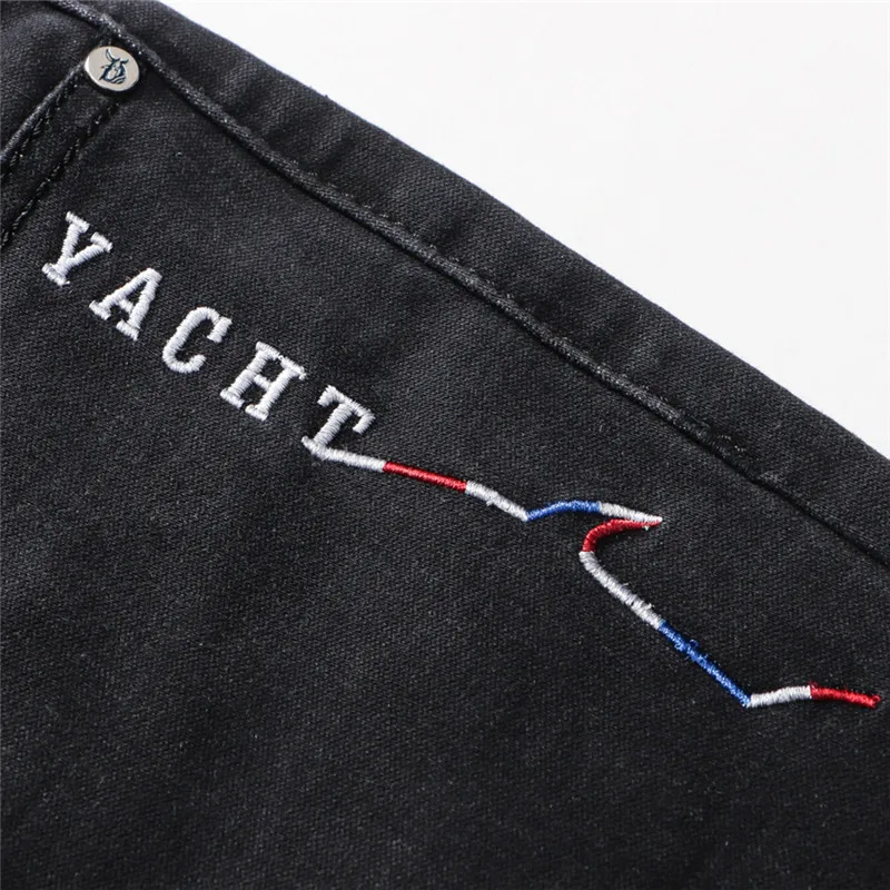 Business Casual Shark Denim Pants Straight Slim Jeans Fashion Mens Flag Embroidery Jeans Trousers Straight Full Length Casual