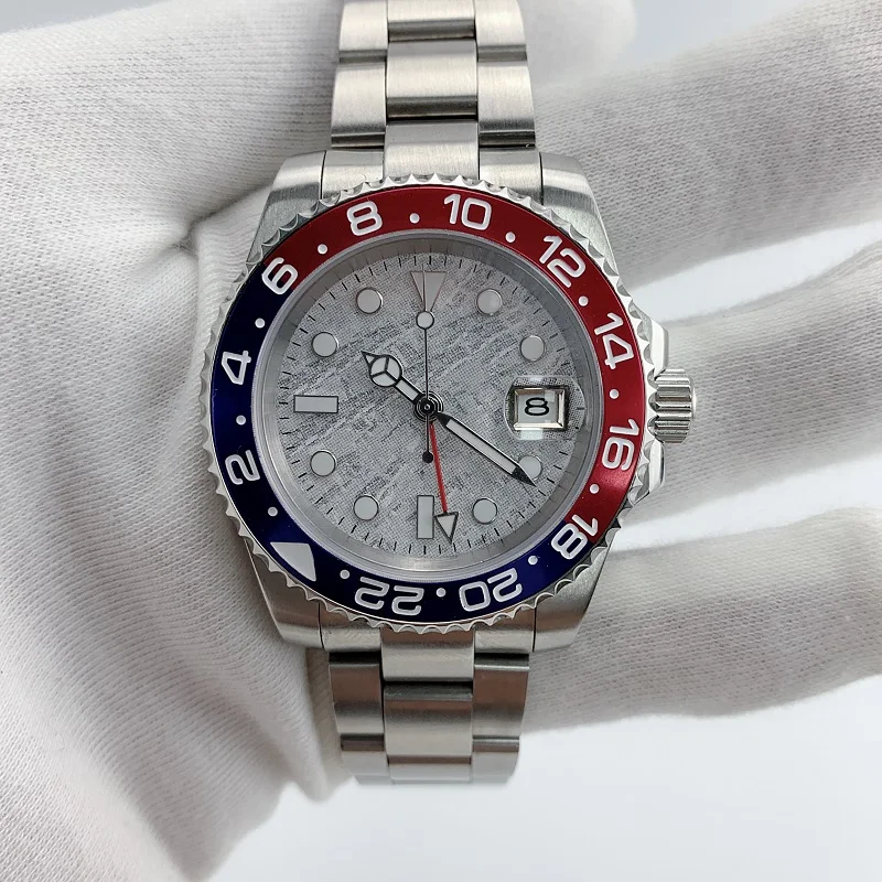 

Watch Men Automatic Mechanical GMT 40MM Meteorite Dial Sapphire Crystal blue red Ceramic Bezel Waterproof