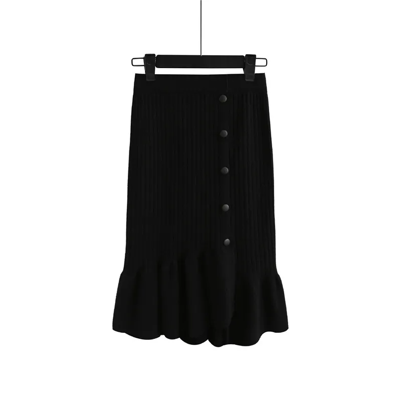 Плотная Теплая Зимняя юбка асимметричная с оборками Элегантная черная женская вязаная юбка с пуговицами эластичная юбка миди jupe femme - Цвет: Черный