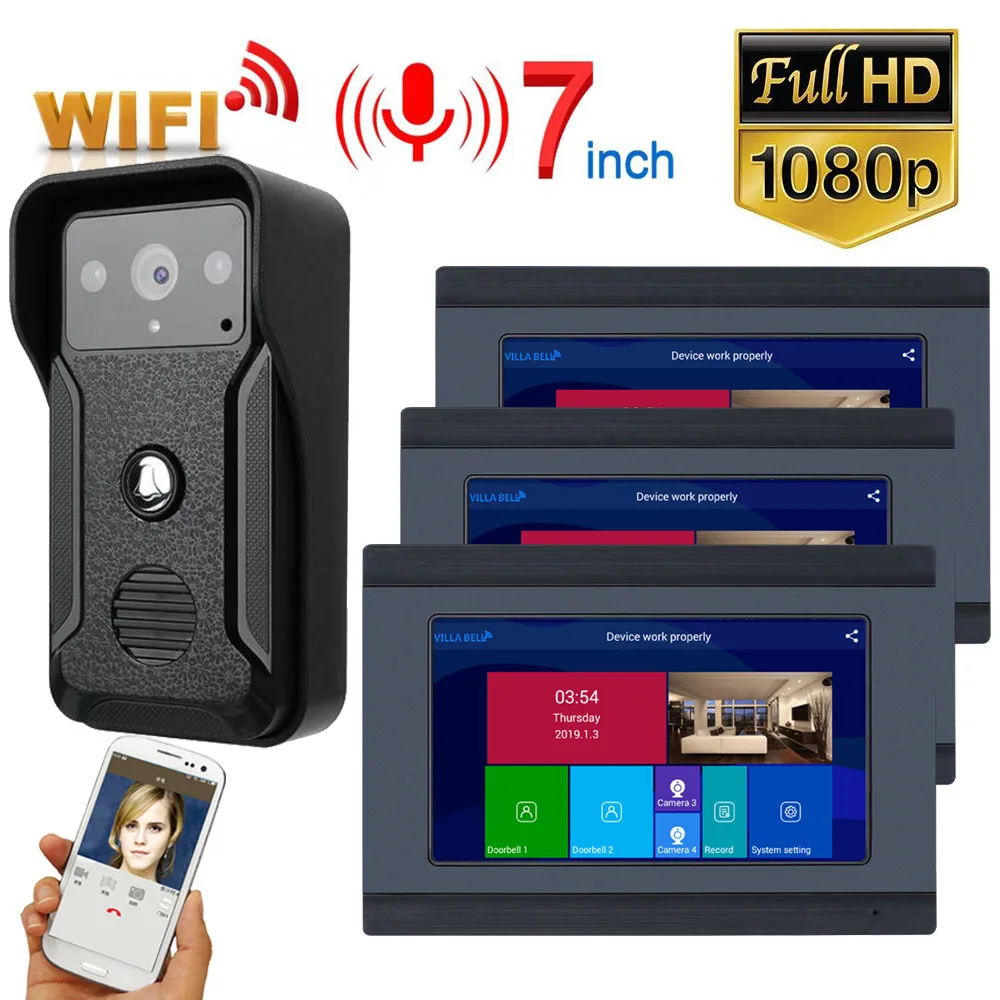 3 Monitors 7 inch Wired Wifi Video Door Phone Doorbell Intercom Entry System with HD 1080P Wired Camera Night Vision