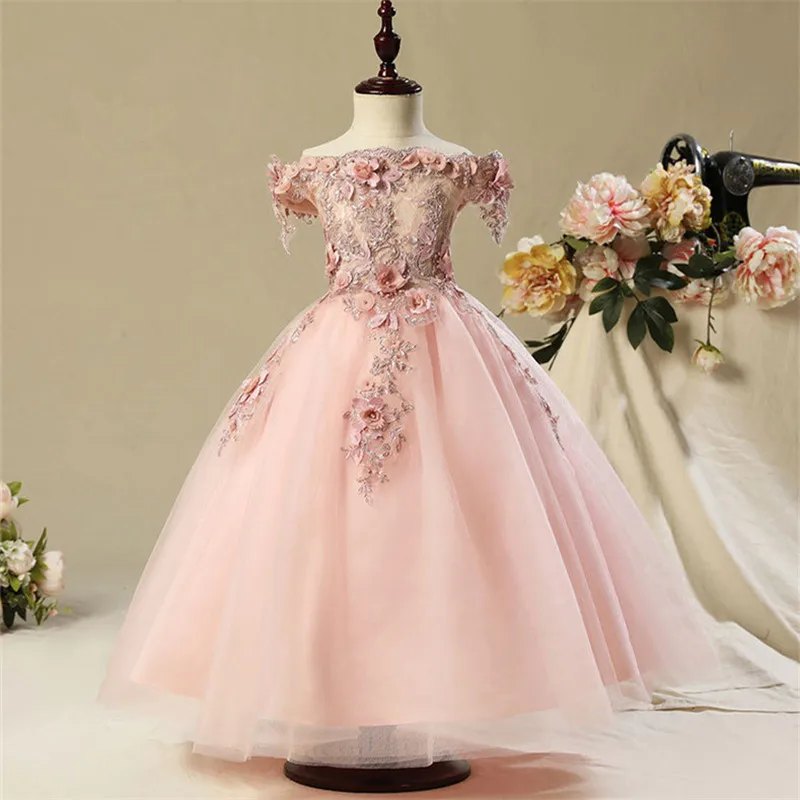 Длинное платье с цветочным узором для девочек, украшения бисером, свадебное платье для девочек, длинное бальное платье без Плеч - Цвет: Розовый