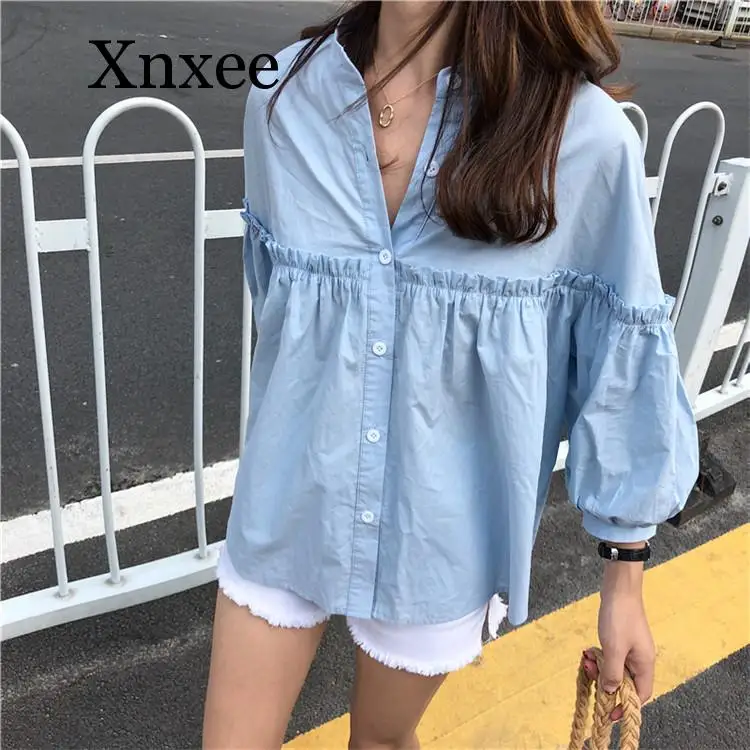 

Womens Solid Light Blue Sweet Shirt Girls New Summer Tops Loose Casual Lantern Sleeve Single-breasted Blouse Blusas Ruffles