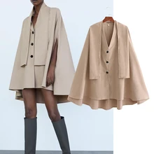 

Autumn and Winter New Style Ladies V-neck Cloak Windbreaker Pocket Solid Color Coat Open Stitch Long Coat Ladies Streetwear Coat