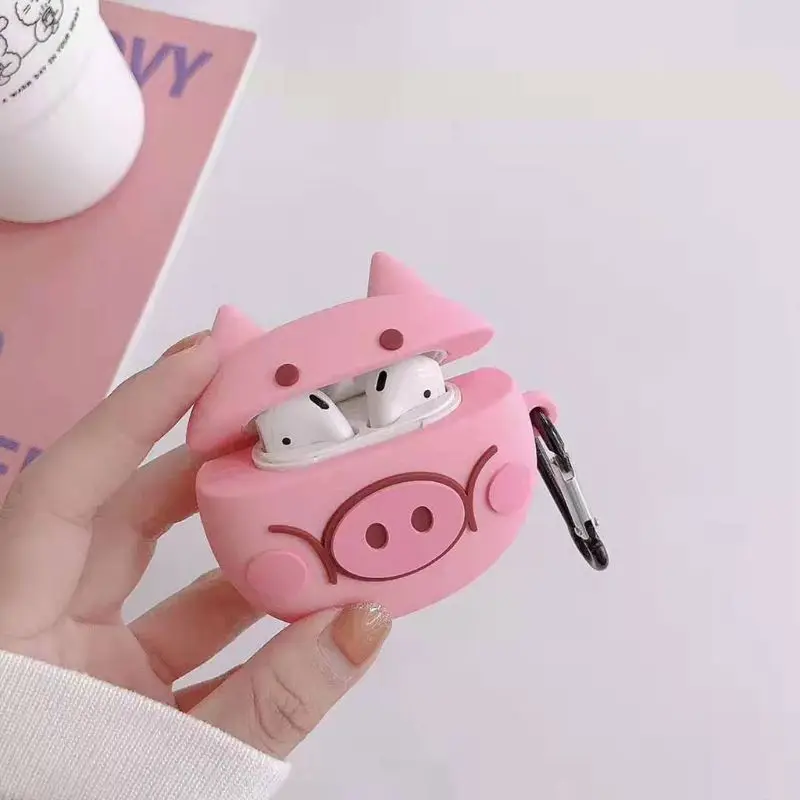 Pink Pig Pattern Protective Case Silicone Cover with Carabiner for Airpods 1/2 for smart watch