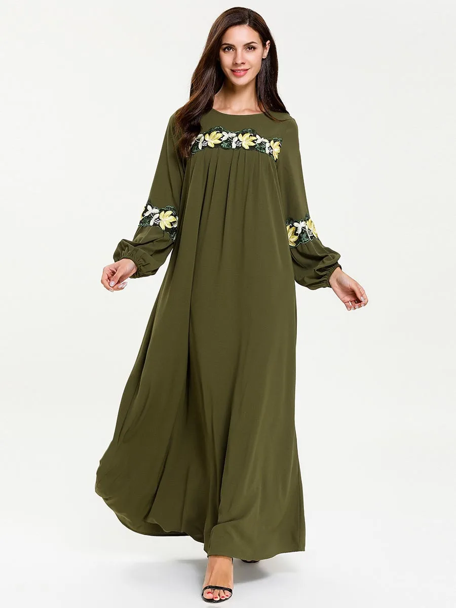 Зеленое вышитое пастелью платье с длинными рукавами с рукавами-пузырьками мусульманское платье с длинными рукавами для девочек