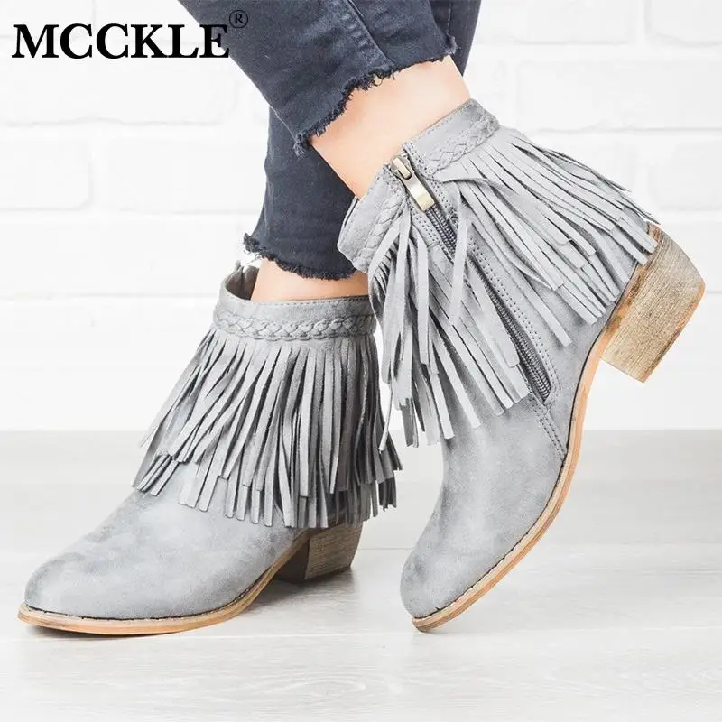 

MCCKLE Women Autumn Suede Tassels Ankle Boots Side Zipper Ladies Square Mid Heels Comfort New Female Casual Shoes Plus Size