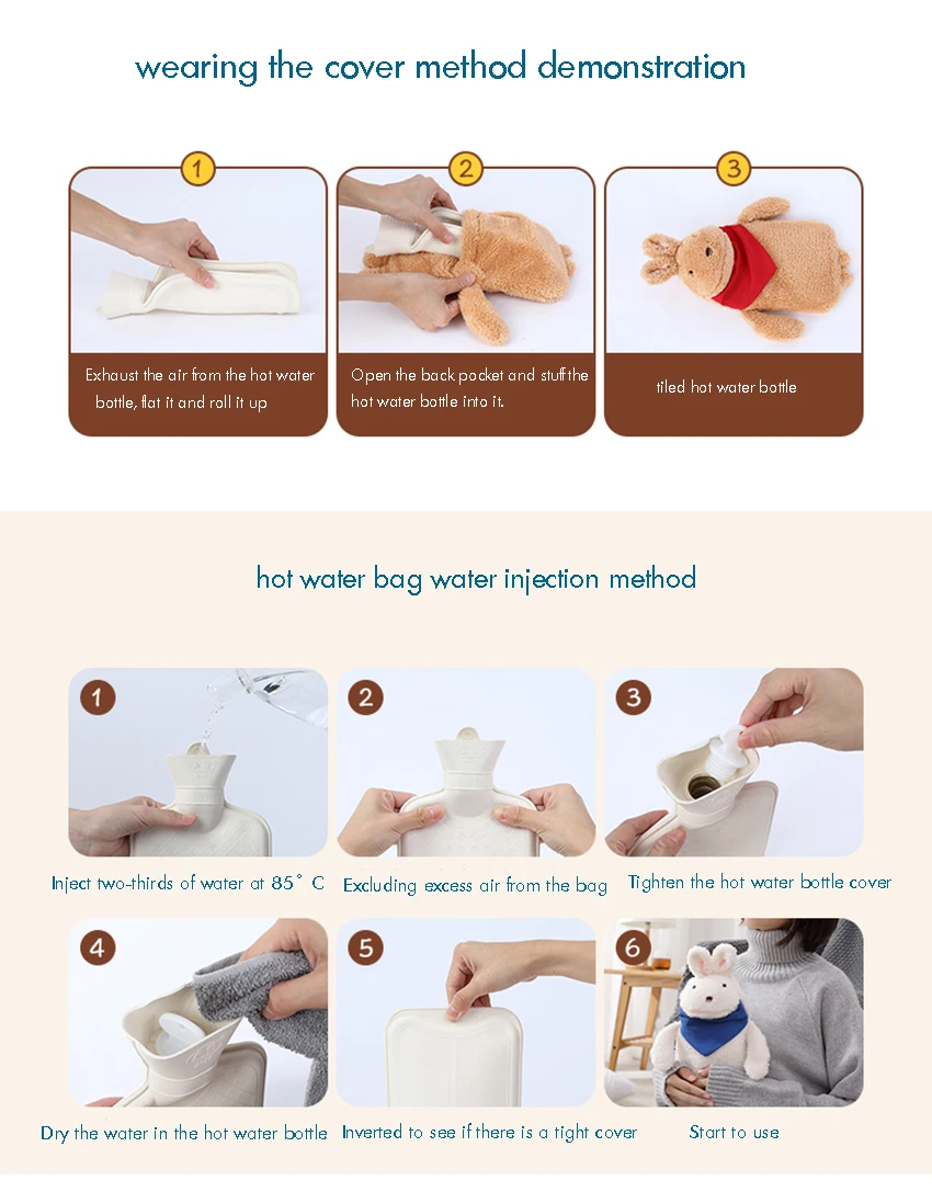 Rubber Hot Water Bottle with Plush Rabbit Cover, 620ml, Cute Water Injection Hand Body Warmer Bag Great for Pain Relief