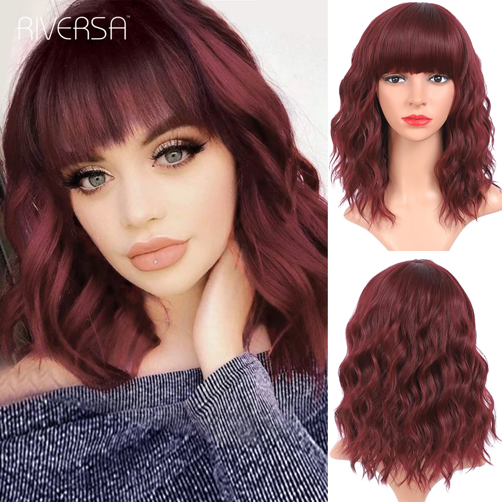 Pelucas de pelo sintético de vino tinto pelucas de fibra Burgendy Lolita para mujer, Peluca de Bob corto con flequillo, pelucas de cabello ondulado Lolita