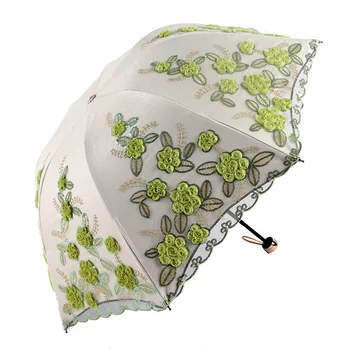 

3D Embroidery Flowers Rain Sun Umbrella Distinctive Artistic UV Umbrella For Women Exquisite Lace Parasol