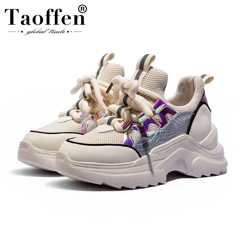 Comprar Taoffen señora tacones altos zapatillas de moda de cuero Real grueso Fondo colorido diario zapatos mujer clásicos zapatos de plataforma tamaño 35 40