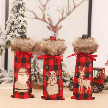 

Maxsin 2 pcs/lot new Christmas ornaments red and black gingham machine embroidered fur collar wine bag table decoration