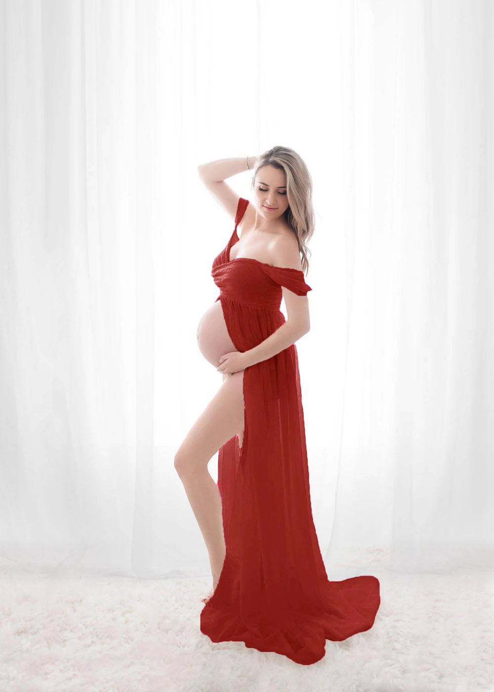 Shoulderless Maternity Dress For Photography Sexy Front Split Pregnancy Dresses For Women Maxi Maternity Gown Photo Shoots Props (6)