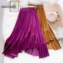 DANJEANER Spring New Irregular Skirt Female High Waist Solid Long Pleated Skirt Ruffles Asymmetrical Elegant Midi Skirt