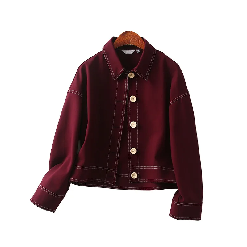 

One's Casual Versitile Fashion Loose-Fit Slimming Fold-down Collar Wine Red Cropped Jacket Women's Entity