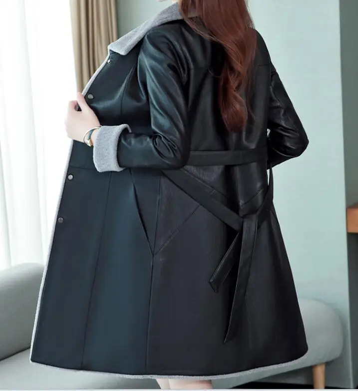 M-5XL, хит, Весенняя/Осенняя женская новая модная длинная куртка с бархатом, утепленная Меховая куртка из овчины и искусственной кожи