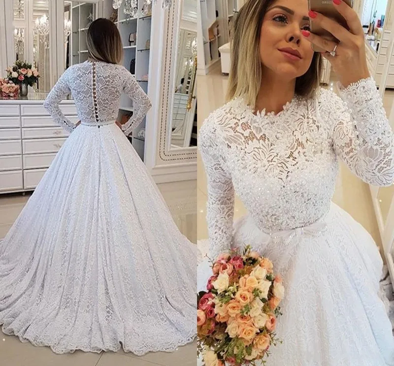 2020 Purpurina Perlas Princesa Vestidos De Boda Para Invierno Con Mangas Largas Imperio Cintura A Line Vestido De Novia Tamano Personalizado Vestidos De Novia Aliexpress