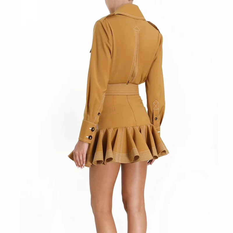 Роскошные дизайнерские женские Подиумные весенние двойные комплекты, Тонкая блузка с оборками, мини-юбка, однотонные обтягивающие качественные модные наряды